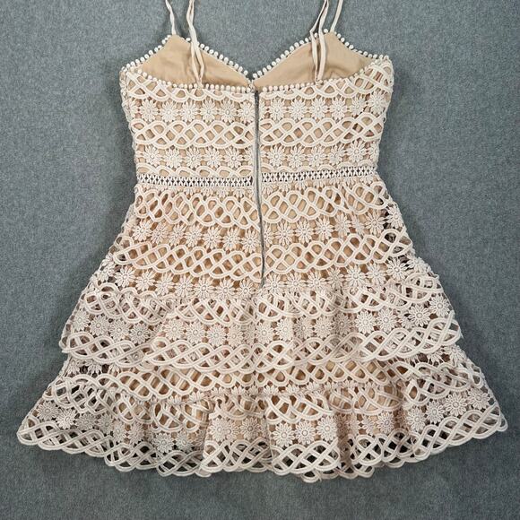 Lulus Lace Overlay Mini Dress Women's Medium Beige Tiered Ruffle Sleeveless - Picture 9 of 10